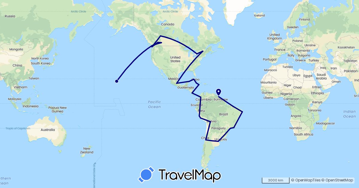 TravelMap itinerary: driving in Argentina, Bolivia, Brazil, Canada, Chile, Colombia, Costa Rica, Cuba, Guyana, Jamaica, Cayman Islands, Mexico, Peru, United States (North America, South America)